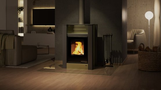 HS FLAMINGO Krbová kamna AQUAFLAM VARIO ® LEND 11kW olivová (teplovzdušná verze)