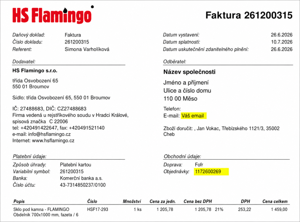 Ukázka čísla objednávky na faktuře